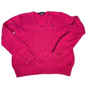 Ralph Lauren Sport Women's sz Large Hot Pink V-neck Pullover Cable Knit Sweater